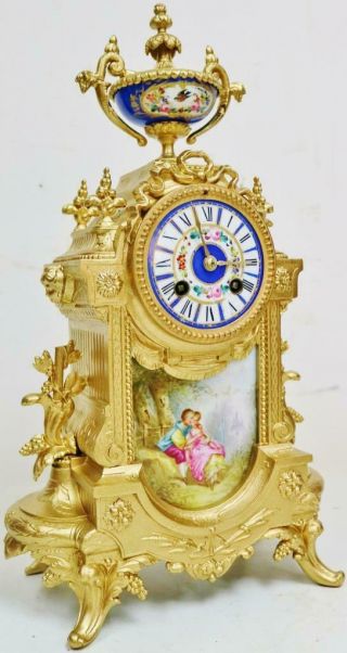 Stunning Antique French 8day Striking Gilt Metal & Sevres Porcelain Mantel Clock