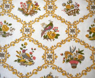 Vintage French Peafowl Bird Basket Butterfly Floral Cotton Fabric Yellow Orange
