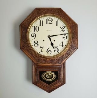 Antique Ansonia 8 Day Wind Up Wall Clock Short Drop Schoolhouse Carved Runs