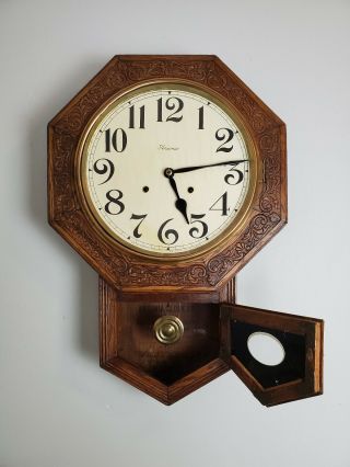 Antique Ansonia 8 Day Wind Up Wall Clock Short Drop Schoolhouse Carved Runs 2