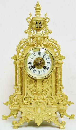 Impressive Antique French Ormolu Mantel Clock 8 Day Striking Pierced Bronze 1870