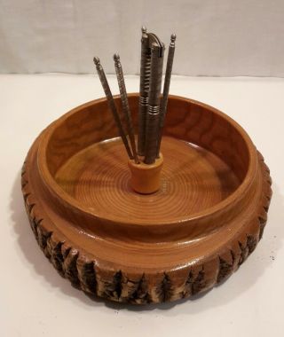 Mid Century Rustic Wood Tree Bark Nut Bowl Tray Set 9 " Cracker & 4 Picks Vintage