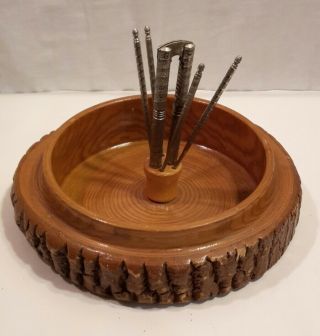 Mid Century Rustic Wood Tree Bark Nut Bowl Tray Set 9 