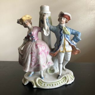 Vintage Germen Porcelain Victorian Couple Figurine Lamp Base Painted Art Signed