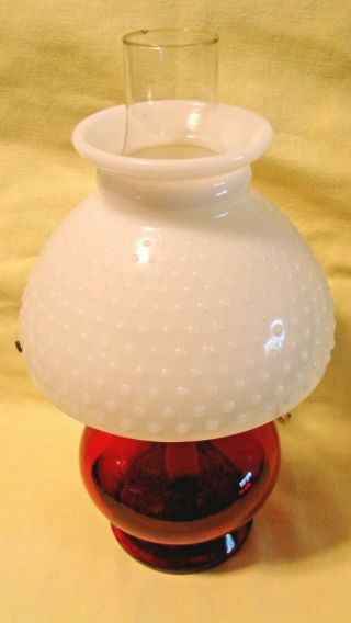 VINTAGE OIL LAMP RUBY RED AND WHITE MILK GLASS 2