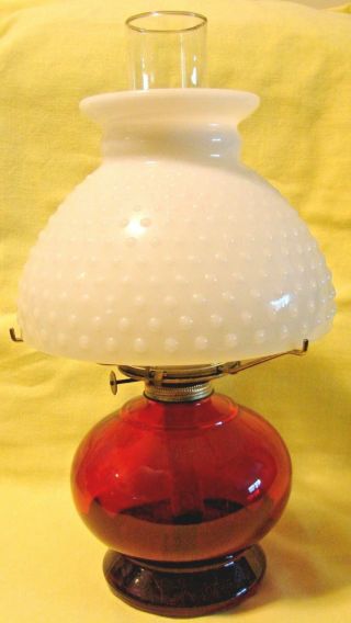 VINTAGE OIL LAMP RUBY RED AND WHITE MILK GLASS 3