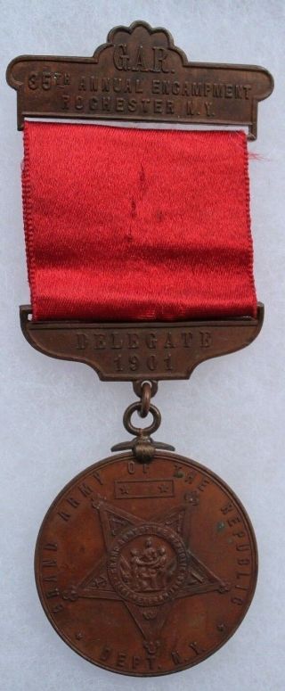 1901 Dept Of Ny Delegate Badge 35th Gar Encampment Rochester Ny 4 X 1 3/4 Inch
