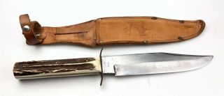 Vintage German Bowie Knife With Leather Sheath Solingen Germany Stag