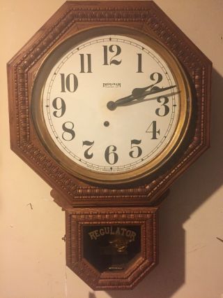 Antique Ingraham Oak Octagon Drop Regulator Wall Clock W/ Key