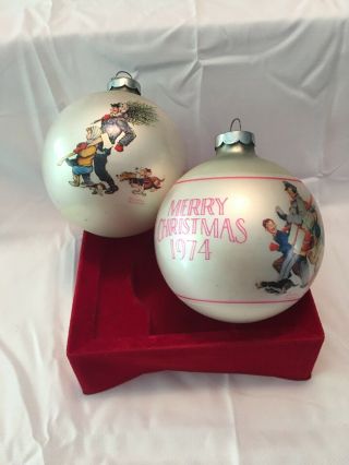 1974 Vtg Norman Rockwell Hallmark Glass Christmas Ornaments,  Set Of 2,  No Box