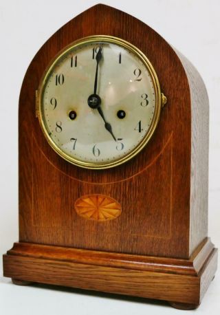 Antique German 8 Day Lancet Top Inlaid Oak Gong Striking Mantel Clock