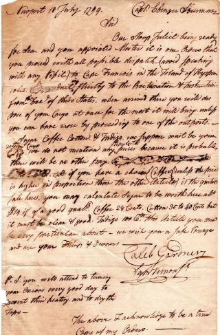 1799,  Newport,  R.  Island,  Caleb Gardner,  Saved The French Fleet In 1778,  Signed