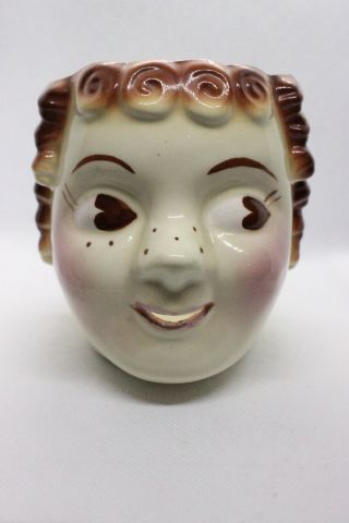Vintage Woman Face Yarn Bowl Holder Curly Hair Rosy Cheeks Heart Eyes Ceramic