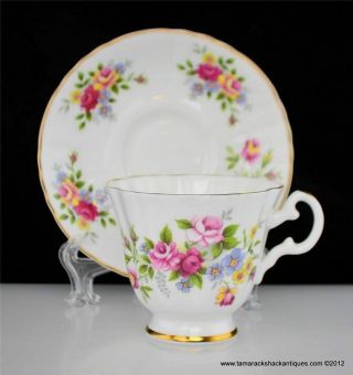 Royal Grafton Fine Bone China Footed Cup & Saucer Pink Yellow Blue Flowers Vtg