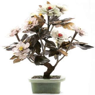 Vintage Chinese Jade Tree Agate Quartz Stone Flowers Bonsai Nephrite China Old