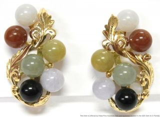 Vintage Mings Natural Jadeite 14k Gold Earrings Multi Color Jade Retro Deco
