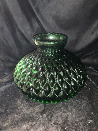 10 " Vtg Green Glass Lamp Shade Diamond Quilted Oil Kerosene Rayo Aladdin Student