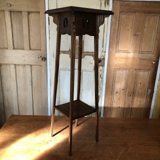 Vintage Arts And Crafts Oak Torchere With Cente Tile Plant Stand