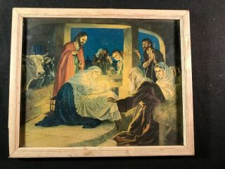 Vintage Framed Picture Of The Birth Of Jesus In The Stable Very Old &