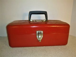 Vintage Union Shabby Industrial Red Metal Tool Tackle Box With Metal Tray