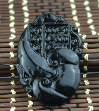 Chinese Natural Black Green Jade Jadeite Carving Pendant Necklace （精打细算）