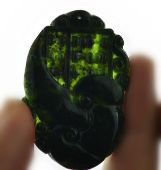 Chinese natural black green jade jadeite Carving pendant necklace （精打细算） 2