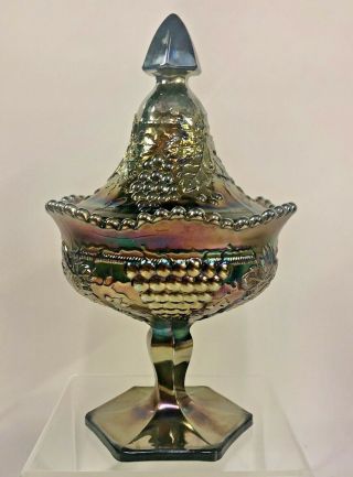 Vintage Northwood Carnival Glass Amethyst Cable & Grape Sweetmeat Compote W Lid
