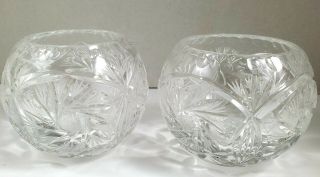 Set 2 Vintage European Diamond Cut Clear Crystal Glass Rose Bowl Candle Holder