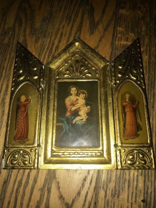 Enormous Aqua Gold Red Tole Wood Italian Florentine Madonna Triptych Alter Icon