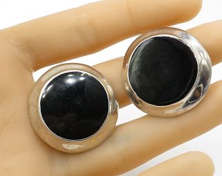 Mexico 925 Silver - Vintage Large Round Framed Onyx Clip On Earrings - E2736