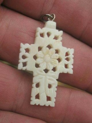 Antique Religious Cross Crucifix Pendant Charm Hand Carved Cow Bone Flower De