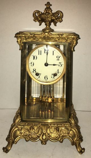 Antique Ansonia Crystal Regulator Brass & Glass Mantle Clock