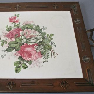 Antique C1930s 25 " Arts & Crafts Copper Tray Porcelain Insert Pink Roses Lilacs