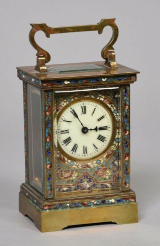 Rare Antique French 8 Day 2 Tone Brass & Champleve Enamel Carriage Clock