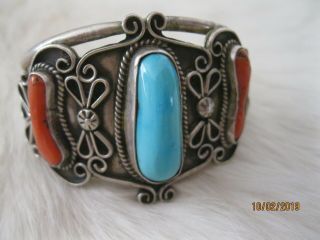 Vintage Navajo Sterling Silver Turquoise & Red Coral Cuff Bracelet 1970 - 74