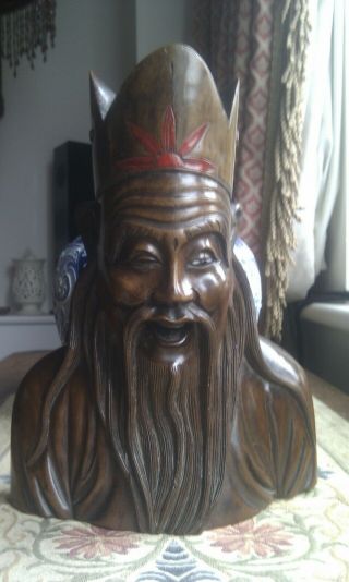 Antique Chinese Hand Carved Wooden Bust Oriental Wood Head Statue Vintage Asian