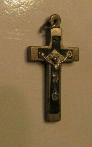 Antique Crucifix Metal Inlaid Ebony Wood 1 1/2 "