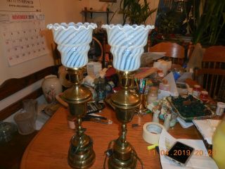2 - Antique Brass Lamps With Vaseline Shade