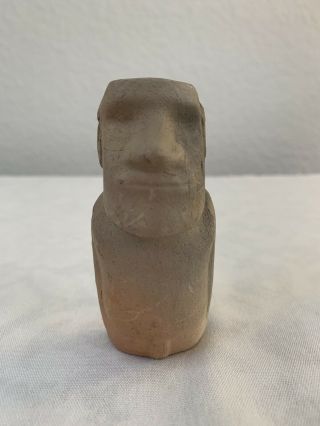 Old Small Clay Easter Island Rapa Nui Moai With Birdman Graphics On Back