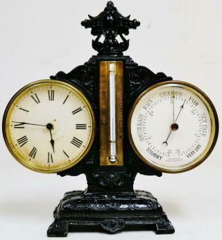 Rare Antique French 8 Day Embossed Metal Combination Clock Barometer Thermometer