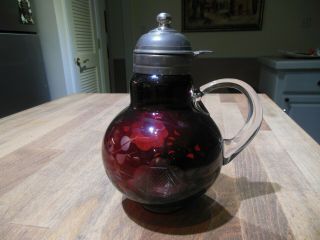 Antique Cranberry Glass Syrup Pitcher Metal Lid Etched Rose Pattern Glass Handle
