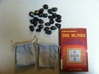 Rune Stones Black Onyx With Yellow Engraving And Pouch Also Comes With Book