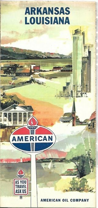 1961 American Oil Road Map Arkansas Louisiana Texarkana Little Rock Shreveport