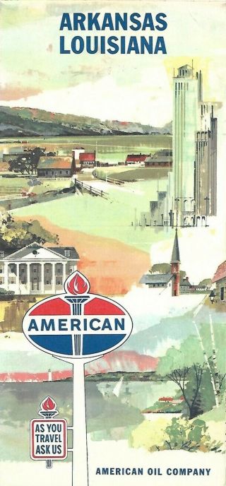 1962 American Oil Road Map Arkansas Louisiana Texarkana Little Rock Shreveport