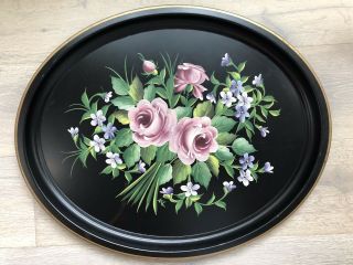 Vintage Tole Tray Large Hand Painted Flowers Floral Oval Metal Toleware Tray