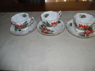 3 Queen Anne “noel” Poinsettia Christmas Bone China Teacup And Saucer
