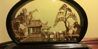 Vintage Chinese Carved Cork Scene Tabletop Glass Oval Wood Frame Display