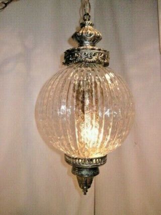 Vintage Mid Century Swag Lamp Hollywood Regency Optic Rib Glass W/ Diffuser Ex