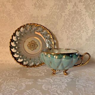 Vtg Royal Sealy China Tea Cup/reticulated Saucer Teal & Gold Japan