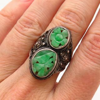Antique China Sterling Silver Carved Jade Gemstone Asian Floral Collectible Ring